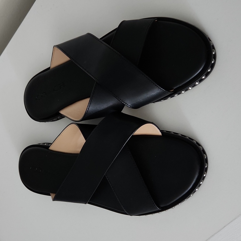 COACH Hailey Black Leather Studded Slides – Size 9.5, New Without Box